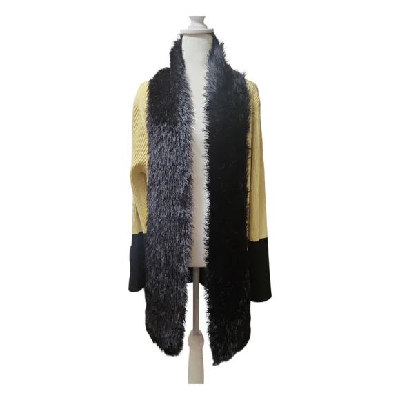 Y2K Lauren Michelle Metallic Gold Cardigan Silky Black Faux Fur Women's XL Glam - Picture 3 of 8